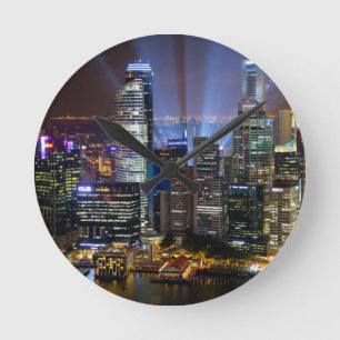 Downtown Singapore city at night Round Clock