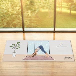 Downward Dog Pose Yoga Woman With Custom Name Mat