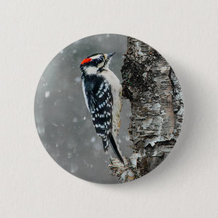 Downy Woodpecker in Snow - Original Photograph 2 Inch Round Button