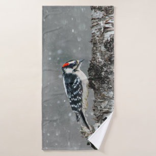 Downy Woodpecker in Snow - Original Photograph Bath Towel Set