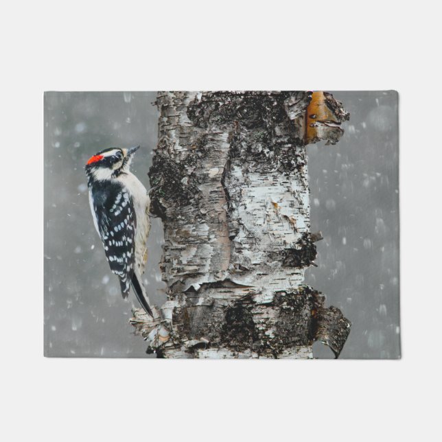 Downy Woodpecker in Snow - Original Photograph Doormat (Front)