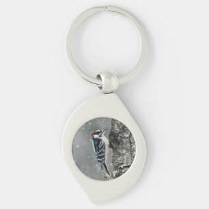 Downy Woodpecker in Snow - Original Photograph Keychain
