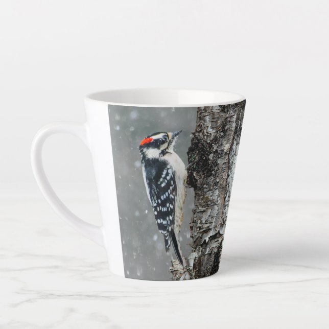 Downy Woodpecker in Snow - Original Photograph Latte Mug (Left)