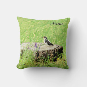 Downy Woodpecker on a Stump Your Name Throw Pillow