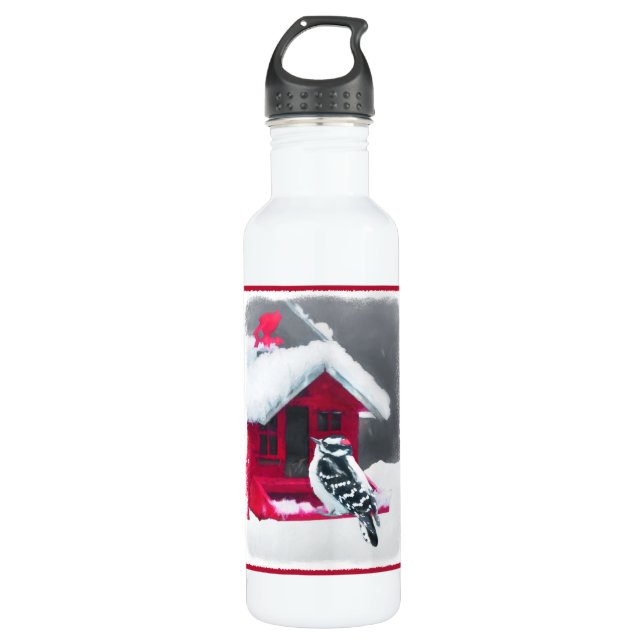 Downy Woodpecker Painting - Original Bird Art 710 Ml Water Bottle (Front)