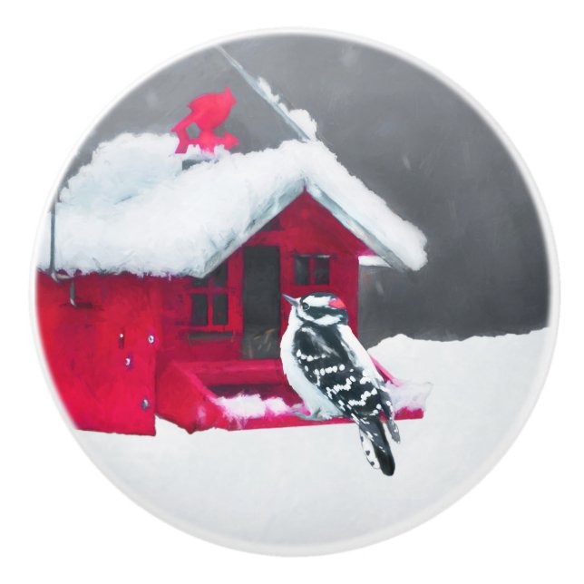 Downy Woodpecker Painting - Original Bird Art Ceramic Knob (Front)