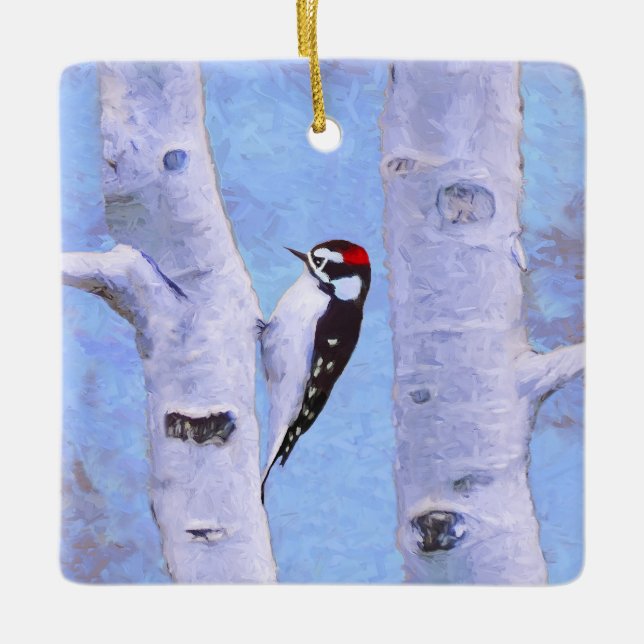 Downy Woodpecker Painting - Original Bird Art Ceramic Ornament (Front)
