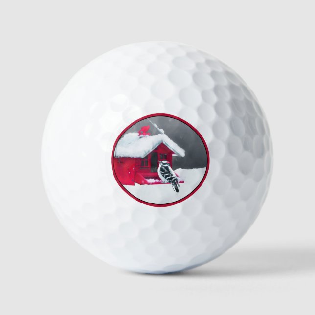 Downy Woodpecker Painting - Original Bird Art Golf Balls (Front)