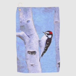 Downy Woodpecker Painting - Original Bird Art Golf Towel