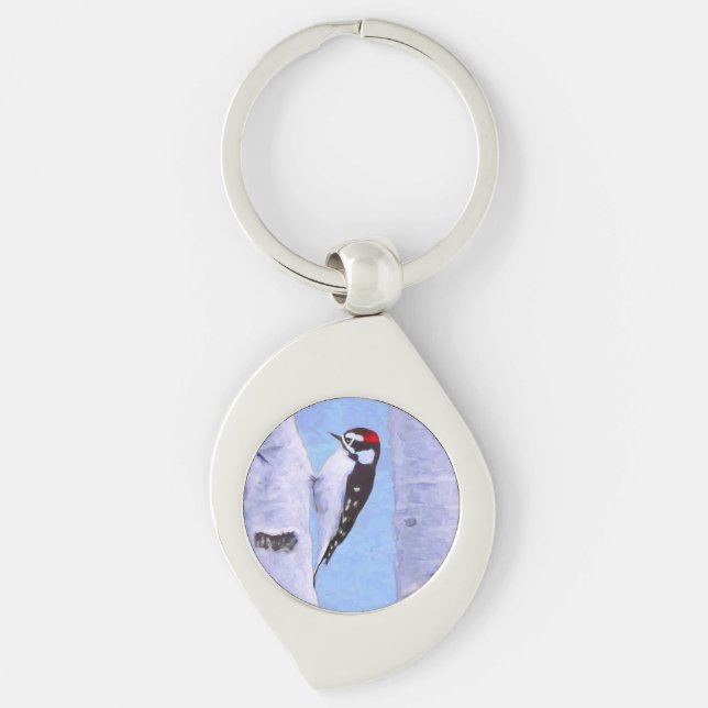 Downy Woodpecker Painting - Original Bird Art Keychain (Front)