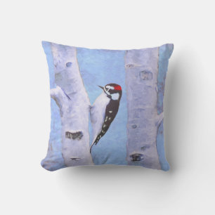 Downy Woodpecker Painting - Original Bird Art Outdoor Pillow