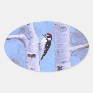 Downy Woodpecker Painting - Original Bird Art Oval Sticker
