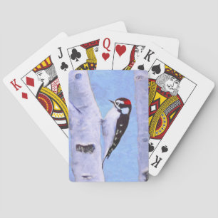 Downy Woodpecker Painting - Original Bird Art Playing Cards