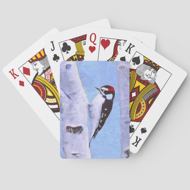 Downy Woodpecker Painting - Original Bird Art Playing Cards (Back)