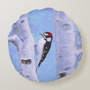Downy Woodpecker Painting - Original Bird Art Round Pillow