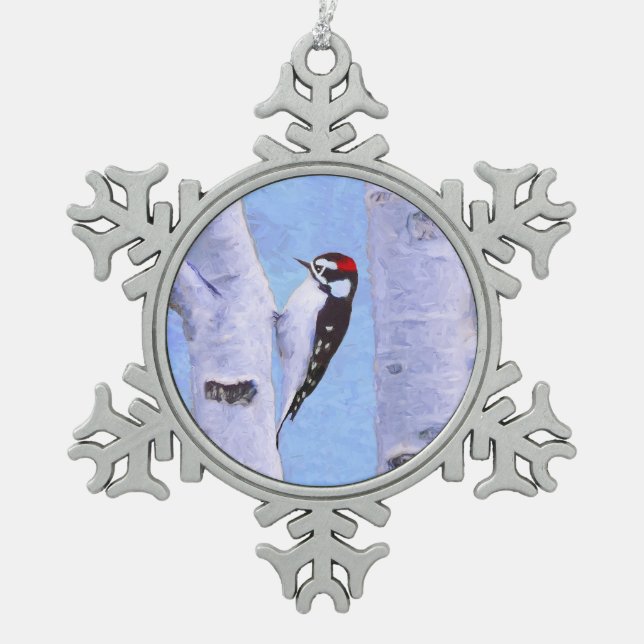 Downy Woodpecker Painting - Original Bird Art Snowflake Pewter Christmas Ornament (Front)