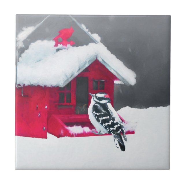 Downy Woodpecker Painting - Original Bird Art Tile (Front)