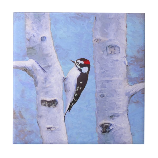 Downy Woodpecker Painting - Original Bird Art Tile (Front)