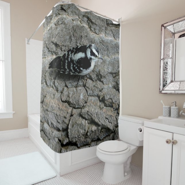 DOWNY WOODPECKER SHOWER CURTAIN (In Situ)