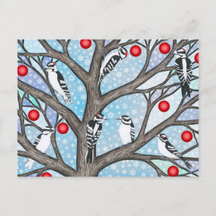 downy woodpeckers in the stained glass tree Xmas Holiday Postcard