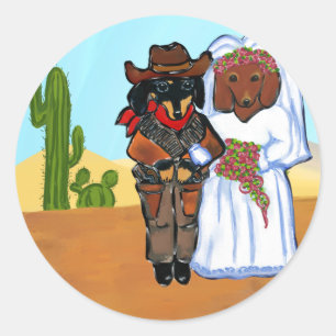 Doxie Cowboy Wedding Classic Round Sticker