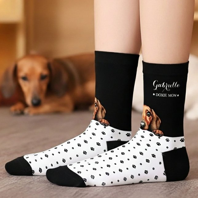 Doxie Dachshund Dog Paw Print Black White Custom  Socks (Creator Uploaded)