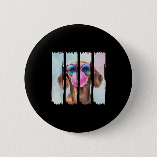 Doxie Dog Blowing Bubblegum Wearing Gles Cute Dach 2 Inch Round Button (Front)