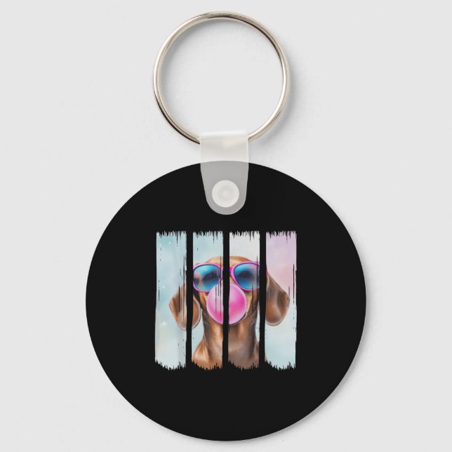 Doxie Dog Blowing Bubblegum Wearing Gles Cute Dach Keychain (Front)