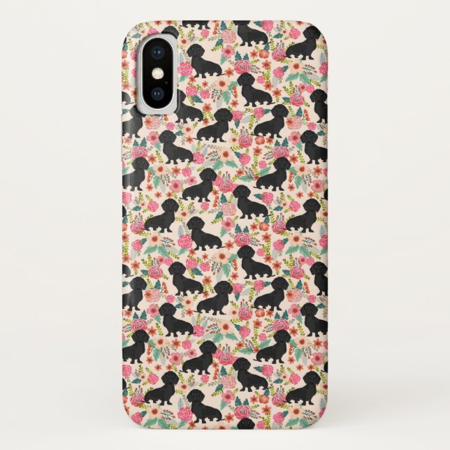 Doxie Floral phone case - black doxie  - cream (Back)