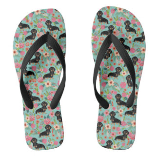 Doxie Florals Flip Flops - black and tan doxie