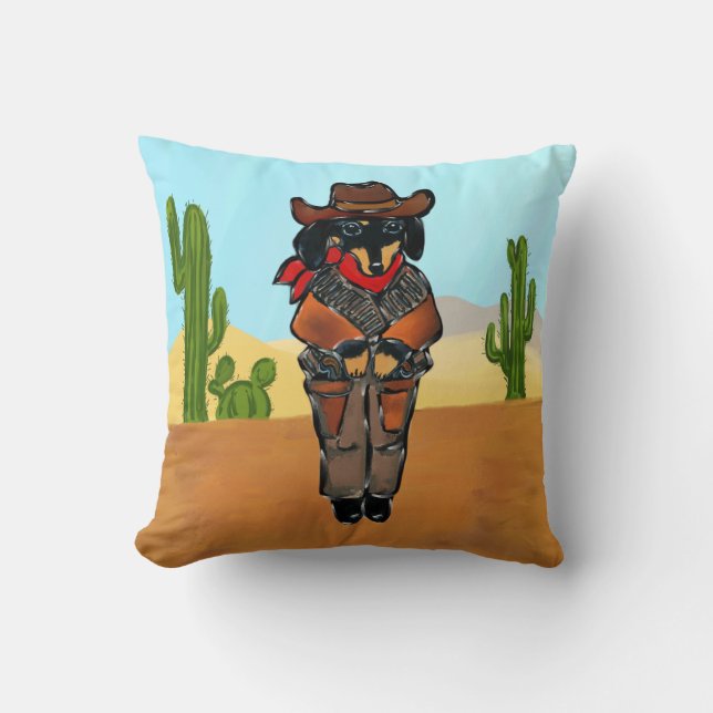 Doxie Gunslinger Throw Pillow (Front)