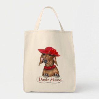 Doxie Lady in Red Shopping Bag