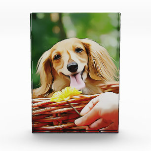 Doxie Person Hand Showing A Flower To A Dachshund  Photo Block