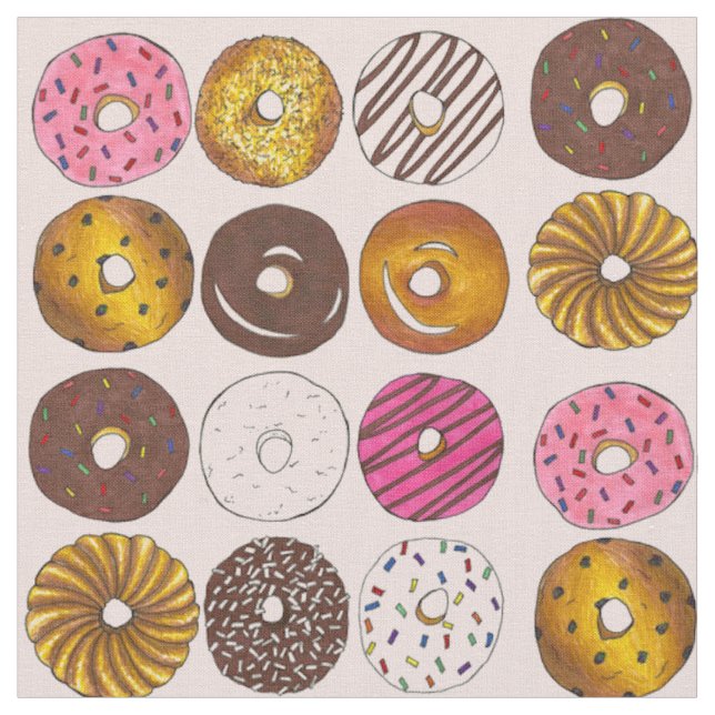 Dozen Doughnuts Breakfast Doughnut Fabric on Pink (Close Up)