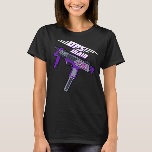DPS Main Gamer Purple Machine Gun Dynamic Slogan T-Shirt (Front)