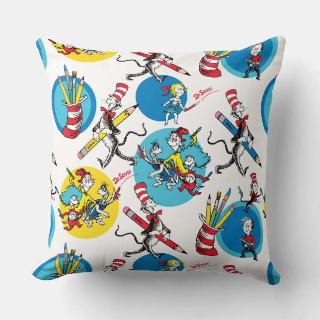 Dr. Seuss | Characters With Pencils Pattern Throw Pillow (Front)