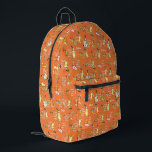 Dr. Seuss Green Eggs and Ham Character Pattern Printed Backpack<br><div class="desc">This fun and colourful design features a pattern of characters from the classic Dr. Seuss book, Green Eggs and Ham. Set against a bright orange background, the artwork includes familiar illustrations of Sam-I-Am holding his famous dish and his "I am Sam" sign, alongside the perpetually grumpy Guy-Am-I in various poses....</div>