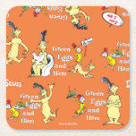 Dr. Seuss Green Eggs and Ham Character Pattern Square Paper Coaster<br><div class="desc">This fun and colourful design features a pattern of characters from the classic Dr. Seuss book, Green Eggs and Ham. Set against a bright orange background, the artwork includes familiar illustrations of Sam-I-Am holding his famous dish and his "I am Sam" sign, alongside the perpetually grumpy Guy-Am-I in various poses....</div>