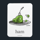 Dr. Seuss | Green Eggs and Ham Magnet<br><div class="desc">This officially licensed Dr. Seuss design features a fun, classic illustration of the iconic green eggs and ham on a platter. The artwork highlights the famous green ham with a fork resting inside, alongside the bouncing green eggs, and is finished with the simple word "ham" and the authentic Dr. Seuss...</div>