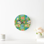 Dr. Seuss Green Eggs and Ham Story Quotes Round Clock<br><div class="desc">This fun Dr. Seuss design features a colourful repeating pattern set against a bright green background. It highlights classic scenes and quotes from the book Green Eggs and Ham in framed, comic-style panels. The artwork includes familiar illustrations of Sam-I-Am, Guy-Am-I, and famous phrases like "I do not like green eggs...</div>