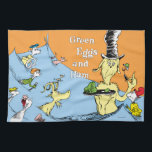 Dr. Seuss Green Eggs & Ham Water Scene Kitchen Towel<br><div class="desc">This officially licensed product features a memorable illustration from the beloved Dr. Seuss book, Green Eggs and Ham. The scene shows Guy-Am-I holding a plate of the famous dish while submerged in the waves, surrounded by Sam-I-Am, a goat, a fox, a mouse, and other classic characters from the story. It...</div>