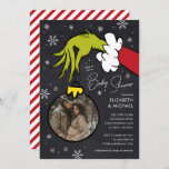 Dr. Seuss | Grinch Chalkboard Baby Shower Invitation<br><div class="desc">Celebrate the upcoming arrival of your little one with our delightful Grinch-themed baby shower invitations! These charming invitations feature a whimsical chalkboard background adorned with delicate snowflakes, perfectly capturing the festive spirit. The mischievous Grinch hand, holding an ornament, adds a playful touch, making these invitations truly unique. Customize the ornament...</div>