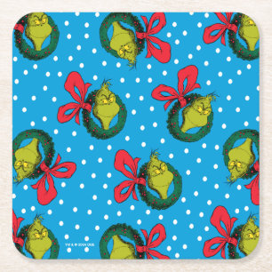 Dr. Seuss Grinch Christmas Wreath Pattern Square Paper Coaster