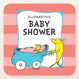 Dr. Seuss One Fish - Girl Baby Shower Square Paper Coaster