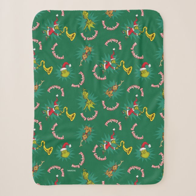 Dr Seuss | The Grinch | Merry Grinchmas Pattern Sherpa Blanket (Front)