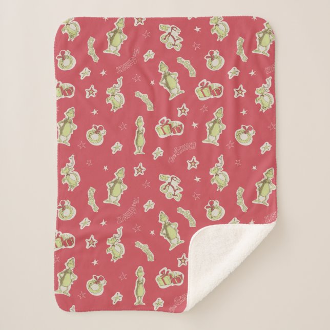 Dr Seuss | The Grinch | Red Christmas Pattern Sherpa Blanket (Front)