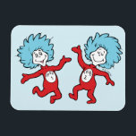 Dr. Seuss Thing 1 and Thing 2 Character Magnet<br><div class="desc">This officially licensed Dr. Seuss product features a classic, vibrant illustration of the mischievous duo, Thing 1 and Thing 2, from the iconic book The Cat in the Hat. The design showcases the lively pair mid-dance, complete with their signature wild blue hair, bright red jumpsuits, and circular name emblems on...</div>