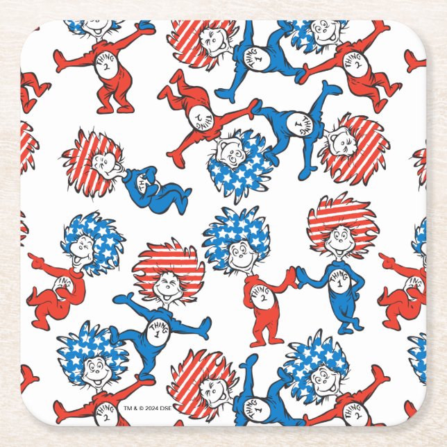 Dr. Seuss | Thing One Thing Two US Flag Pattern Square Paper Coaster (Front)