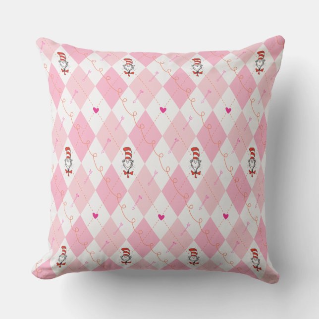 Dr. Seuss Valentine | Pink Argyle The Cat in the H Throw Pillow (Front)