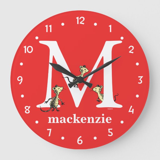 Dr. Seuss's ABC: Letter M - White | Add Your Name Large Clock (Front)
